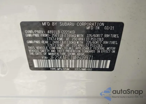 2021 Subaru Forester Premium z USA, uszkodzony, nr VIN JF2SKAFC1MH509971